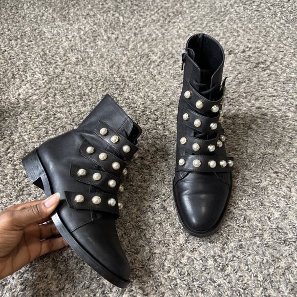Zara Leather COMBAT Boots Black Pearl DECOR Strap Lace up Zip EU 37 US 6.5 READ - Picture 11 of 11